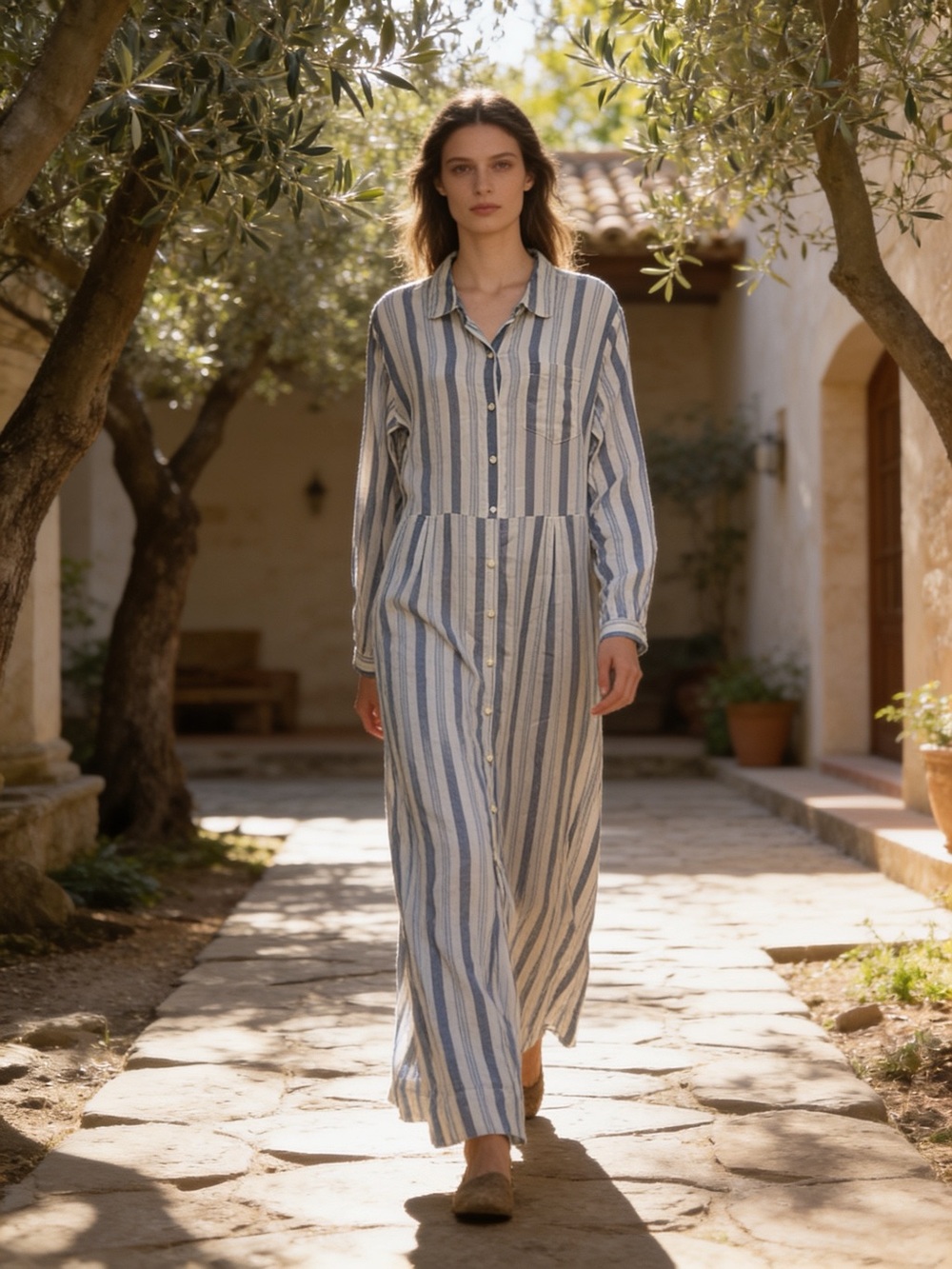 Trovata Birds of Paradis Striped Blue and White Button-Front Maxi Shirt Dress M